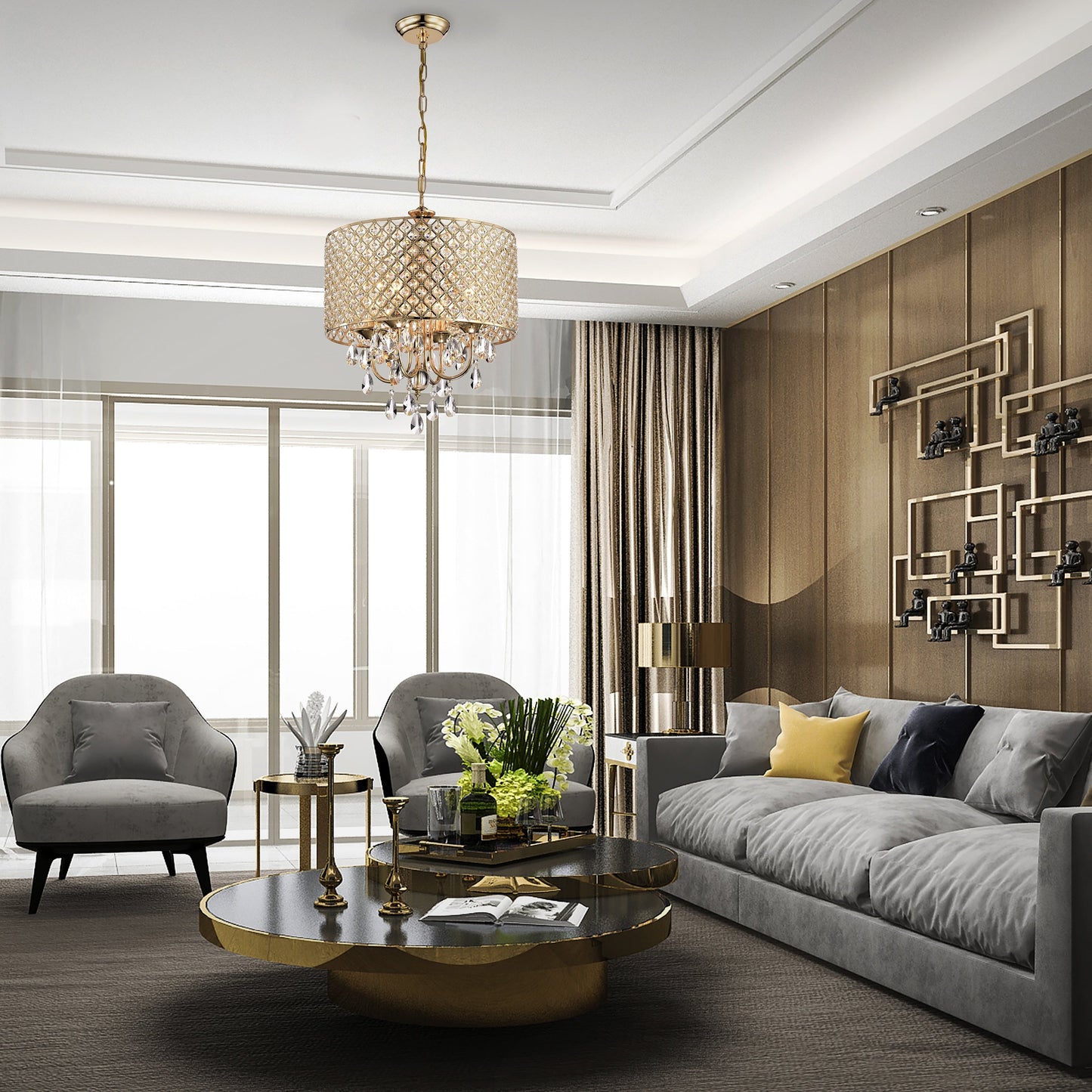 Lampadario a tamburo rotondo con perline e cristalli pendenti