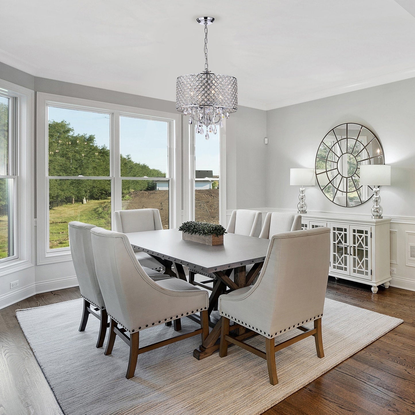 Lampadario a tamburo rotondo con perline e cristalli pendenti