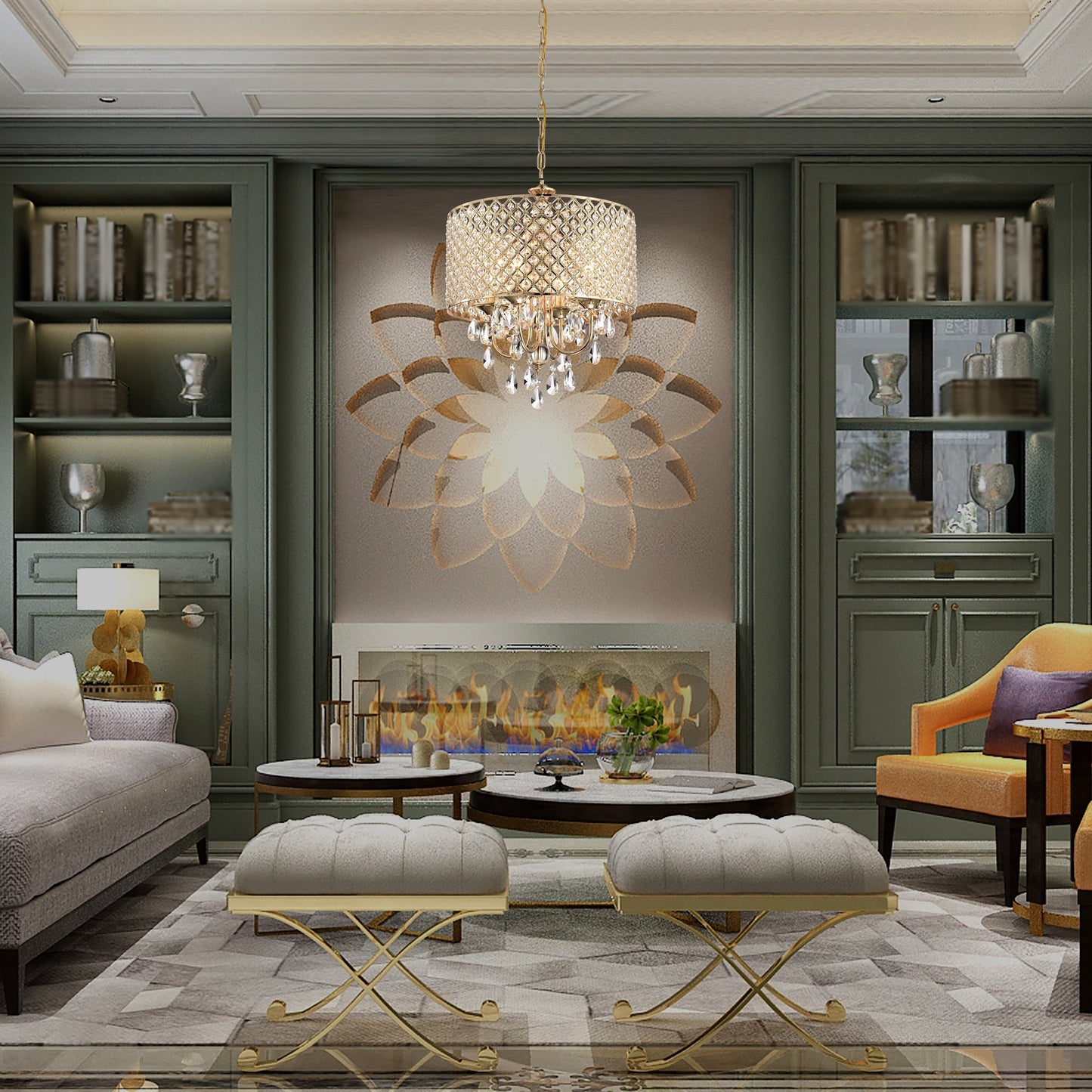 Lampadario a tamburo rotondo con perline e cristalli pendenti