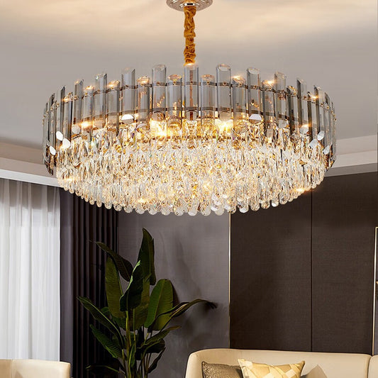 Lampada a sospensione a soffitto a cristallo a strati rotondi con illuminazione a 3 colori.
