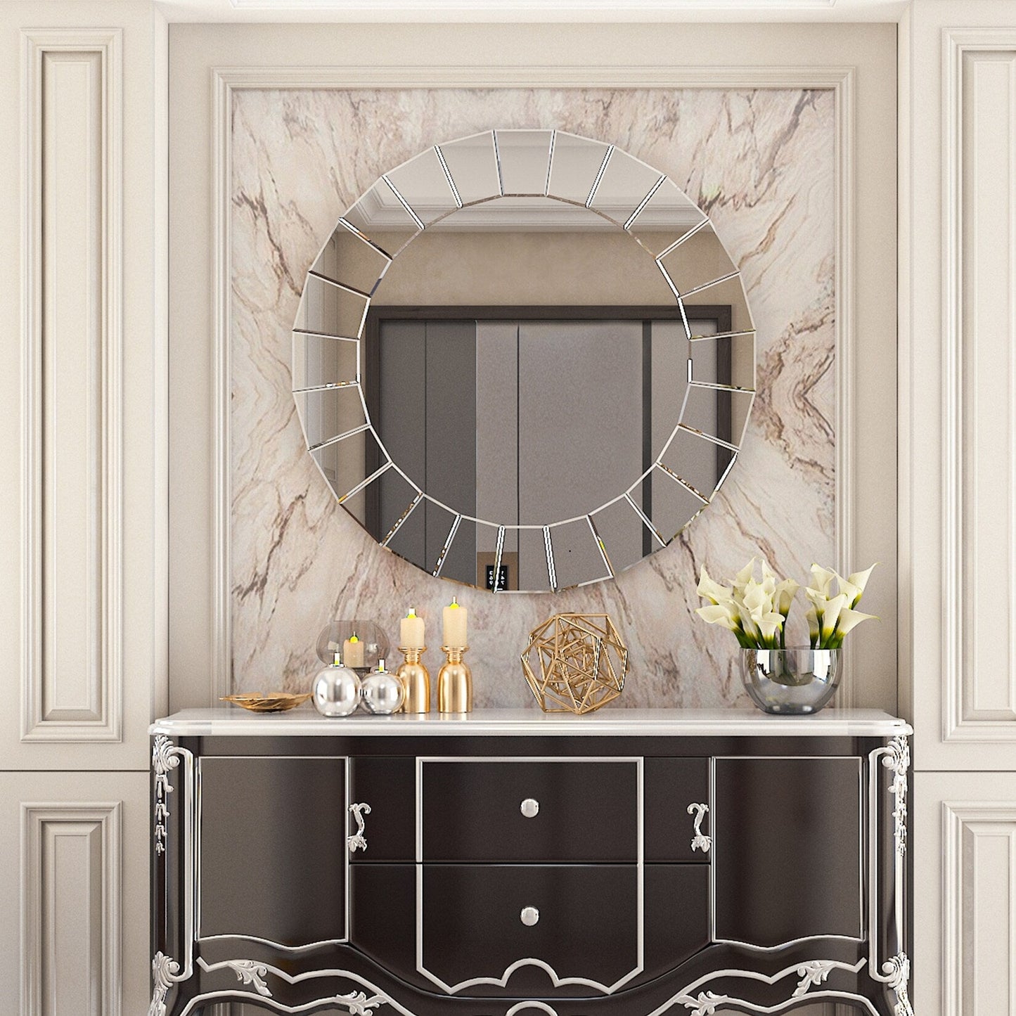 Specchio decorativo da parete rotondo in vetro con finiture veneziane ornate - 32x32