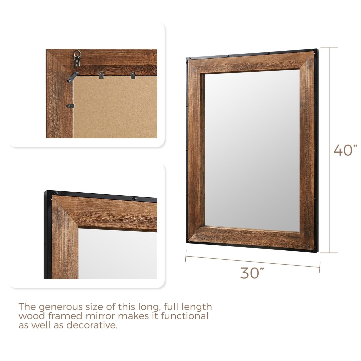 Specchio da bagno da parete con cornice rustica in legno naturale e ferro.