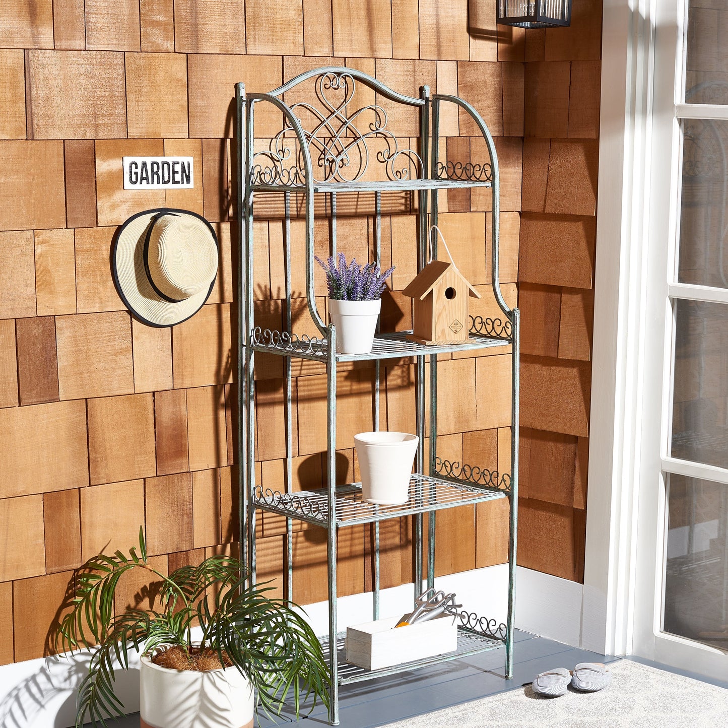 SAFAVIEH Bryn Bakers Rack da esterno in ferro battuto in stile vittoriano a 4 ripiani - 63,5 cm L x 38,1 cm P x 160 cm A - 63,5L x 38,1P x 160A