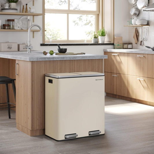 SONGMICS Bidone della spazzatura a due scomparti, contenitore per rifiuti in acciaio inossidabile da 16 galloni, color mandorla