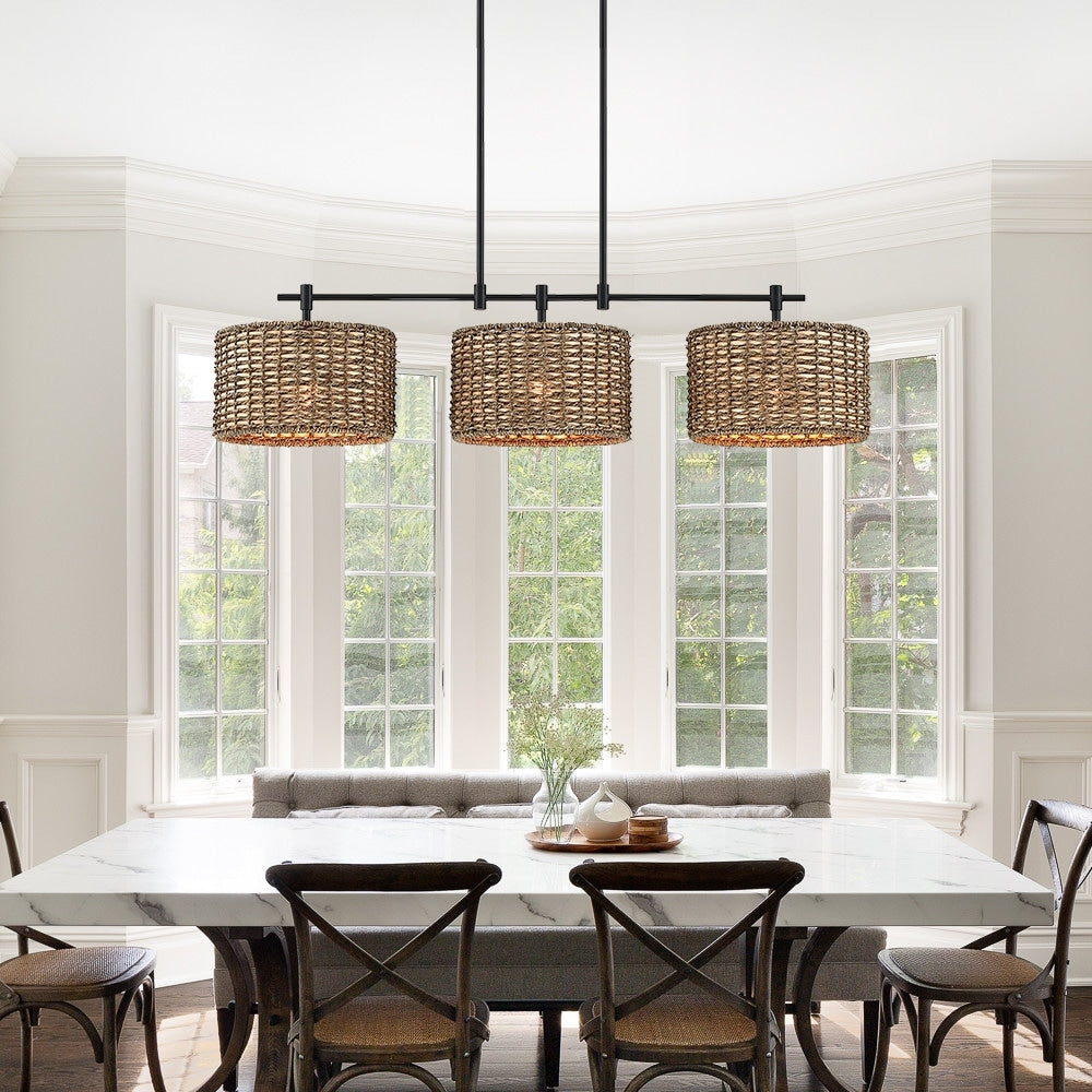 Lampada a sospensione lineare per isola cucina in stile farmhouse, nera, con 3 luci, Sedgy - 41W