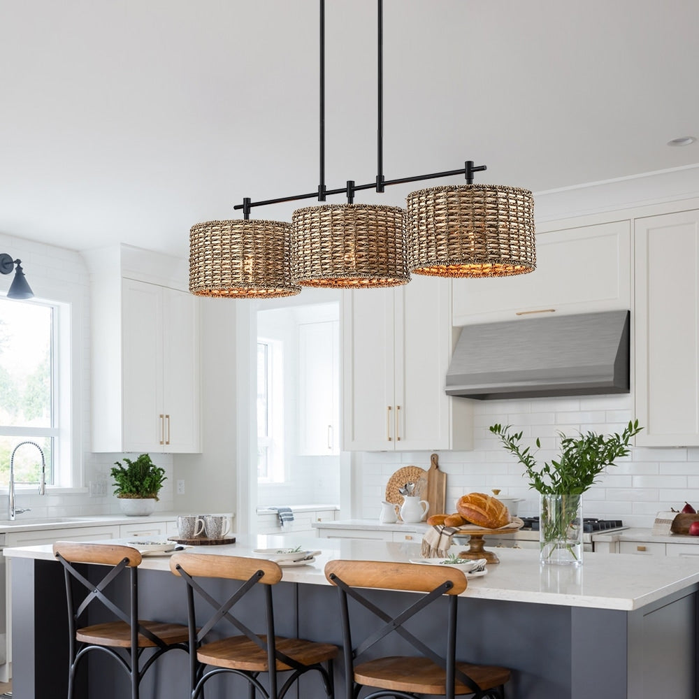 Lampada a sospensione lineare per isola cucina in stile farmhouse, nera, con 3 luci, Sedgy - 41W