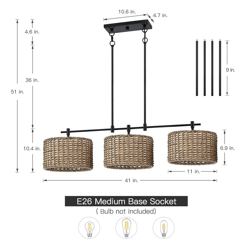 Lampada a sospensione lineare per isola cucina in stile farmhouse, nera, con 3 luci, Sedgy - 41W