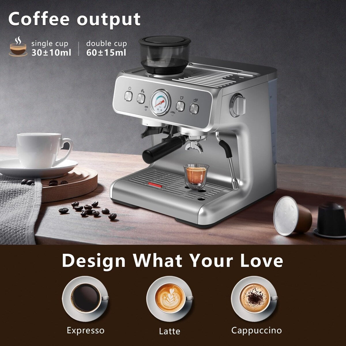 Macchina per caffè semi-automatica con controllo intelligente della temperatura e funzione acqua calda, 30 impostazioni di macinatura.