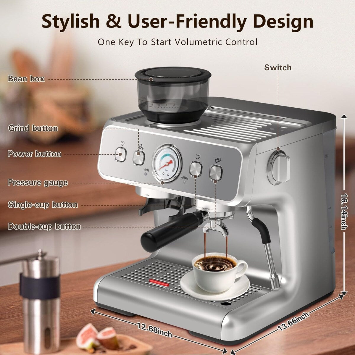 Macchina per caffè semi-automatica con controllo intelligente della temperatura e funzione acqua calda, 30 impostazioni di macinatura.