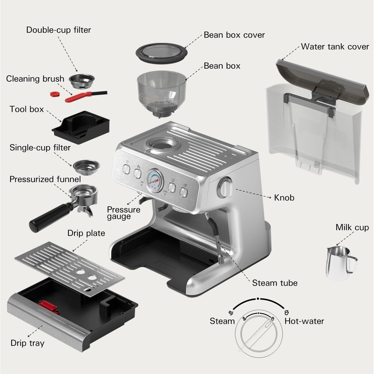 Macchina per caffè semi-automatica con controllo intelligente della temperatura e funzione acqua calda, 30 impostazioni di macinatura.