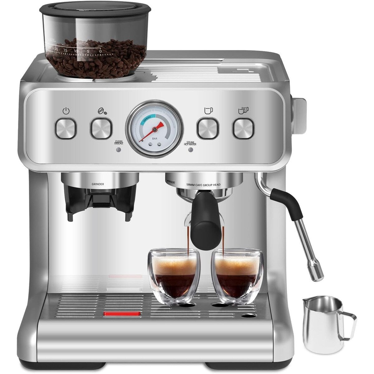 Macchina per caffè semi-automatica con controllo intelligente della temperatura e funzione acqua calda, 30 impostazioni di macinatura.