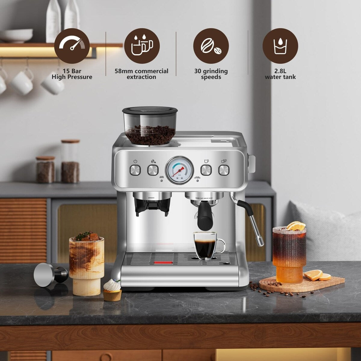 Macchina per caffè semi-automatica con controllo intelligente della temperatura e funzione acqua calda, 30 impostazioni di macinatura.