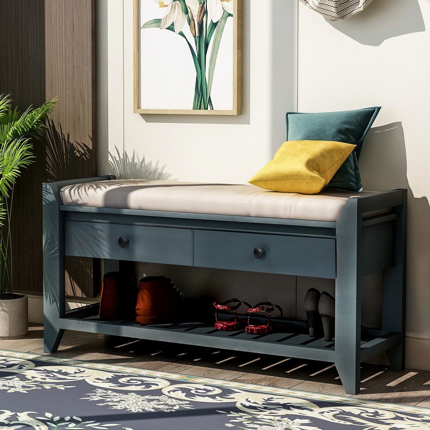 Portasciune con seduta imbottita e cassetti, panca portaoggetti multifunzione, blu navy antico - 99L x 35W x 50H (cm)