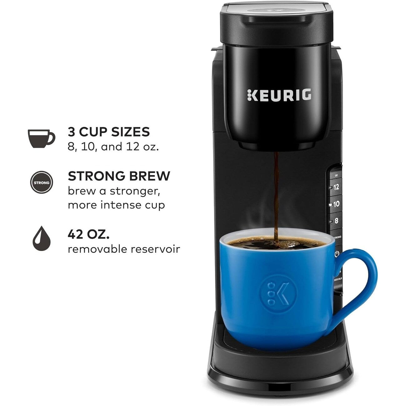 Macchina per caffè con capsule K-Cup per una singola porzione, 3 dimensioni di tazza, funzione "Strong Brew", serbatoio da 42 once, colore nero.