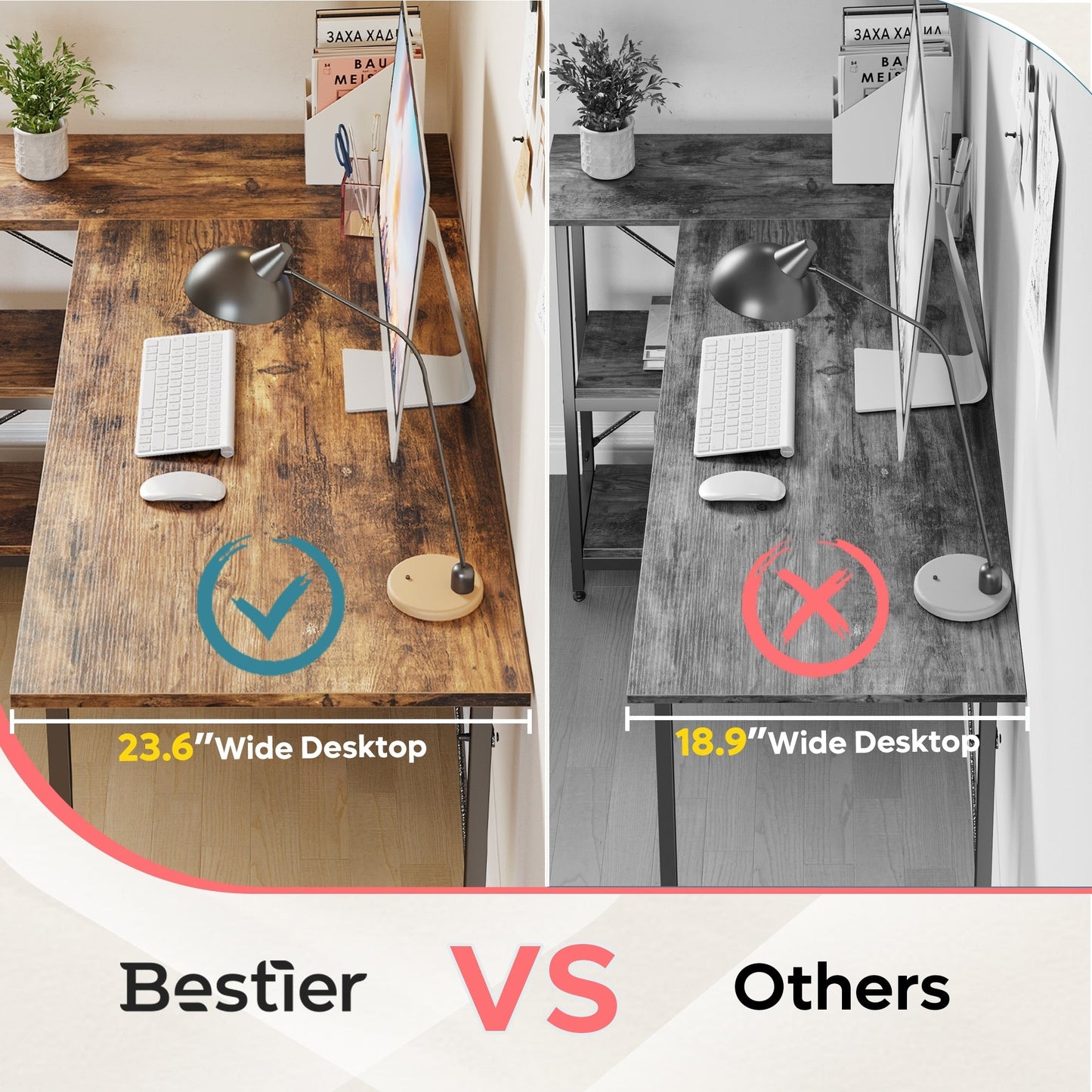 Scrivania a forma di L di piccole dimensioni con ripiani portaoggetti, scrivania da computer d'angolo