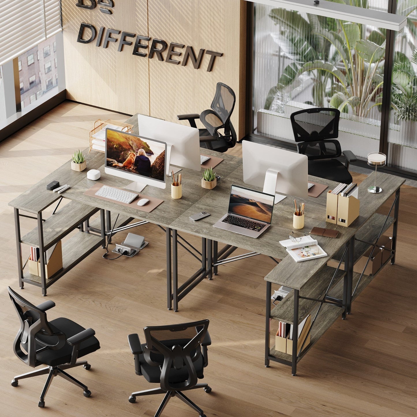 Scrivania a forma di L di piccole dimensioni con ripiani portaoggetti, scrivania da computer d'angolo