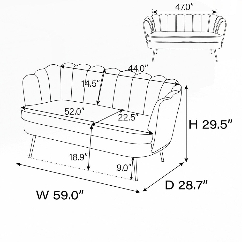 Divano Piccolo Mini per Camera da Letto, Divano a Due Posti con Gambe in Metallo Dorato - 2 Posti