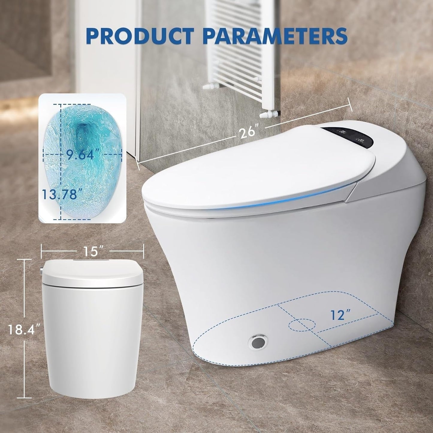 WC intelligente, bidet a un pezzo per bagni, WC moderno allungato con acqua calda, doppio scarico automatico, funzionamento a sensore di prossimità.