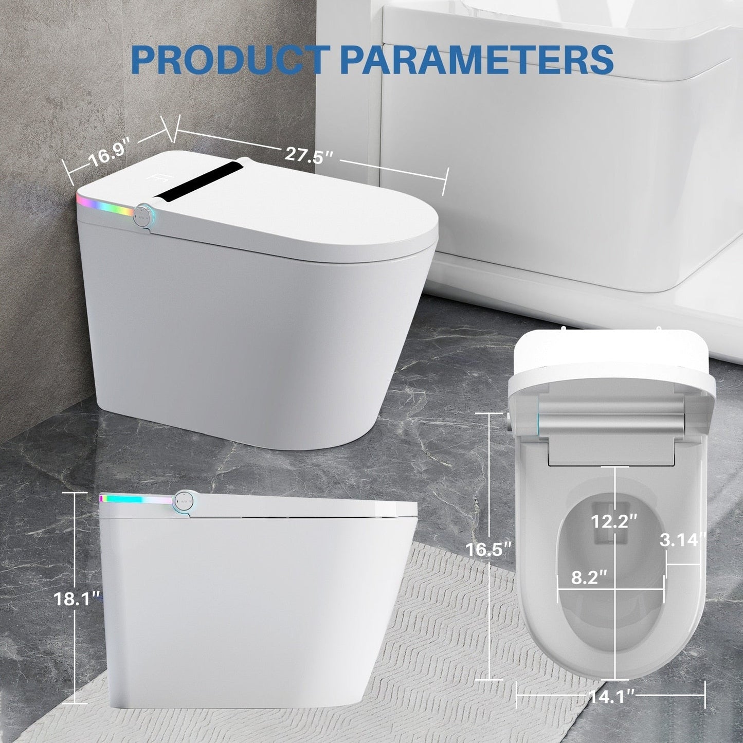 WC intelligente, bidet a un pezzo per bagni, WC moderno allungato con acqua calda, doppio scarico automatico, funzionamento a sensore di prossimità.