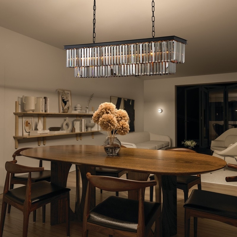 Lampadario a cristallo moderno e contemporaneo a 2 livelli, 47 pollici, grigio fumè e nero, per cucina, isola, sala da pranzo.