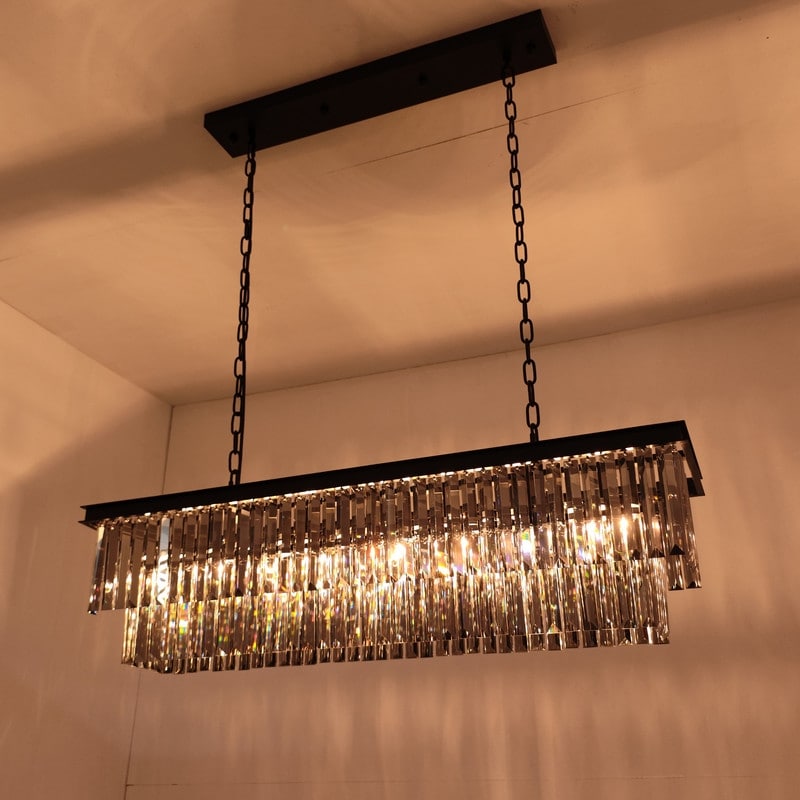 Lampadario a cristallo moderno e contemporaneo a 2 livelli, 47 pollici, grigio fumè e nero, per cucina, isola, sala da pranzo.