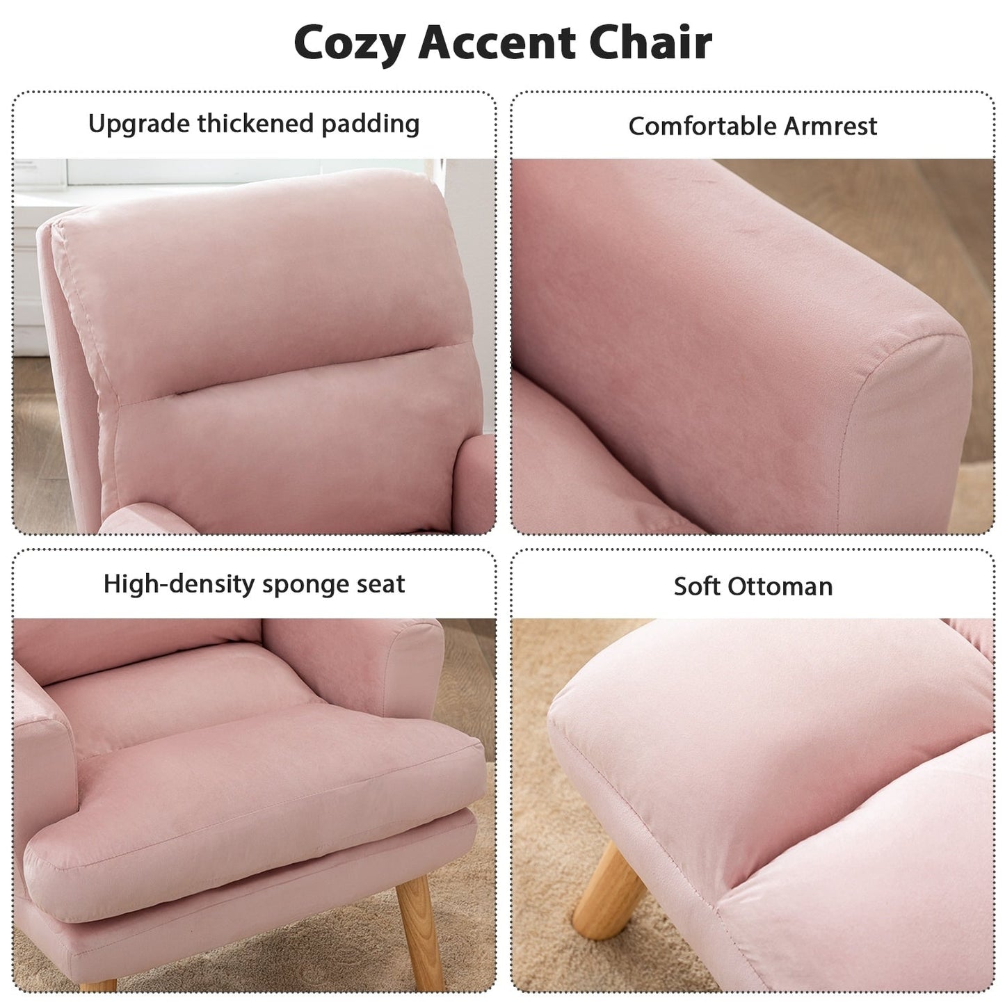 Poltrona da salotto casual in tessuto morbido con schienale e poggiapiedi regolabili.