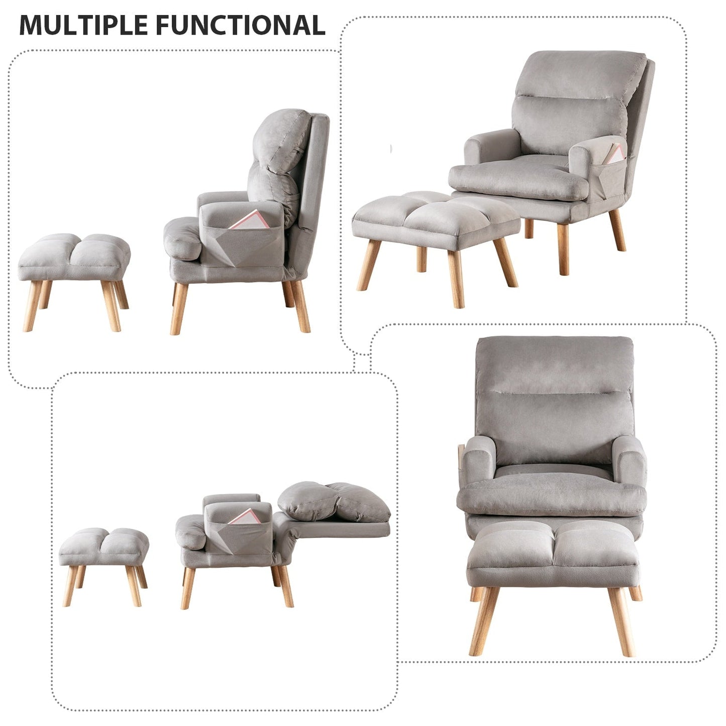 Poltrona da salotto casual in tessuto morbido con schienale e poggiapiedi regolabili.