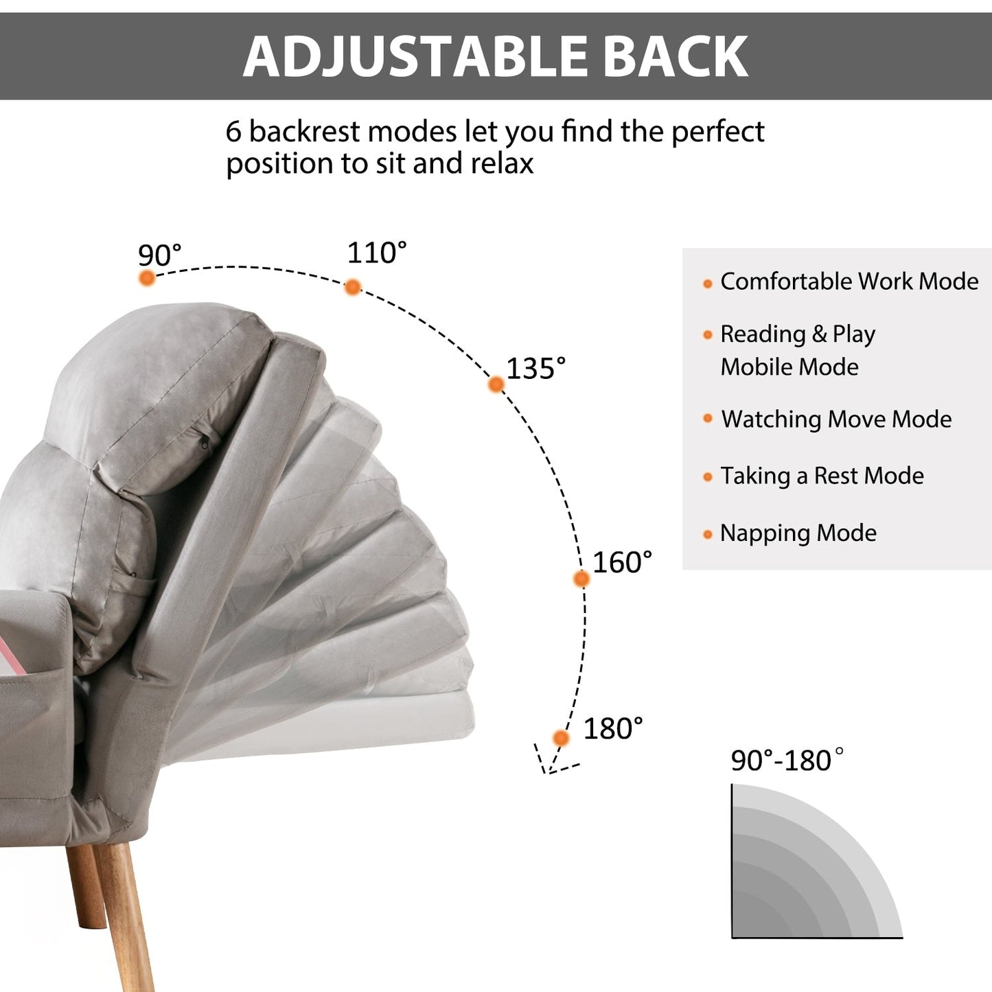 Poltrona da salotto casual in tessuto morbido con schienale e poggiapiedi regolabili.