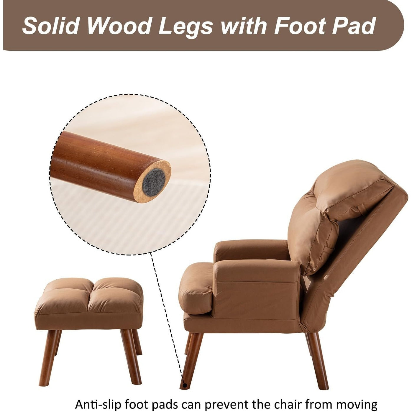 Poltrona da salotto casual in tessuto morbido con schienale e poggiapiedi regolabili.