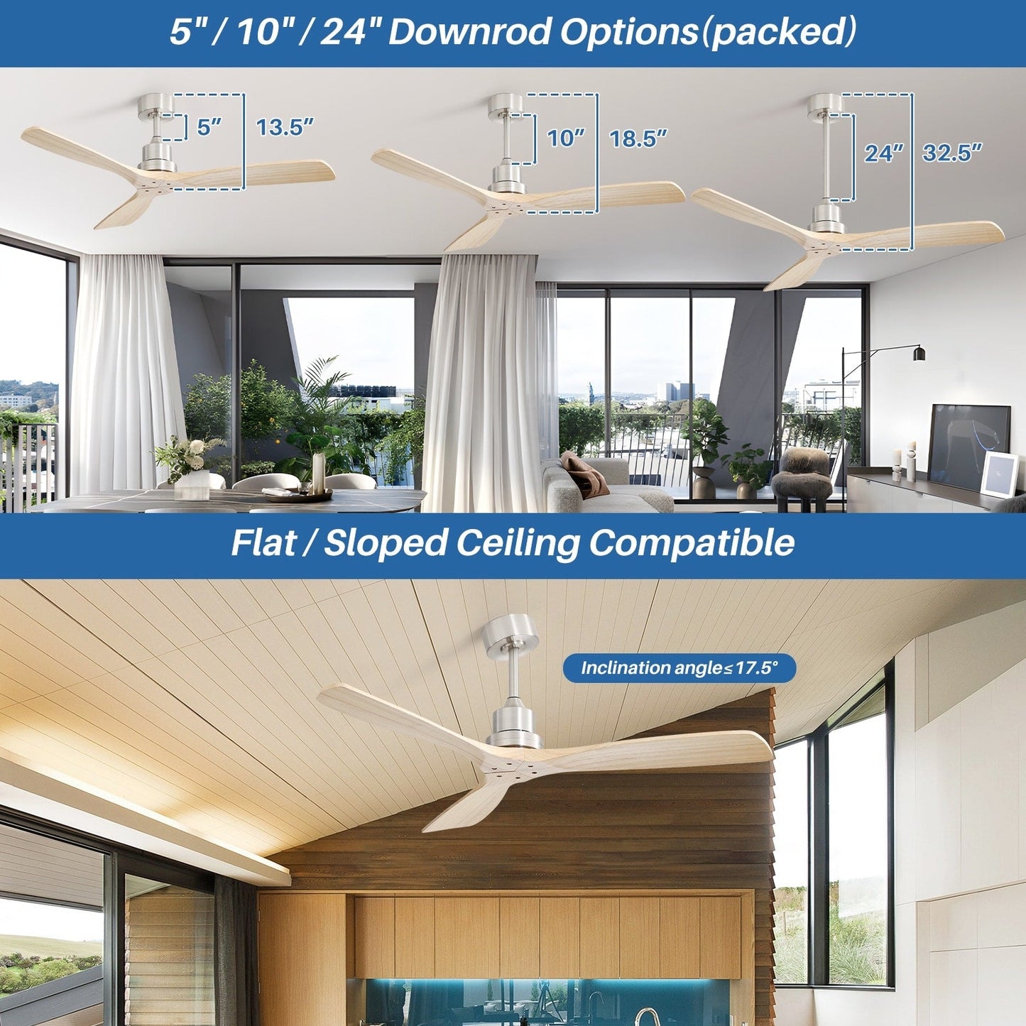 Sofucor Ventilatore da soffitto interno in legno da 52 pollici con luce e telecomando, luce integrata opzionale