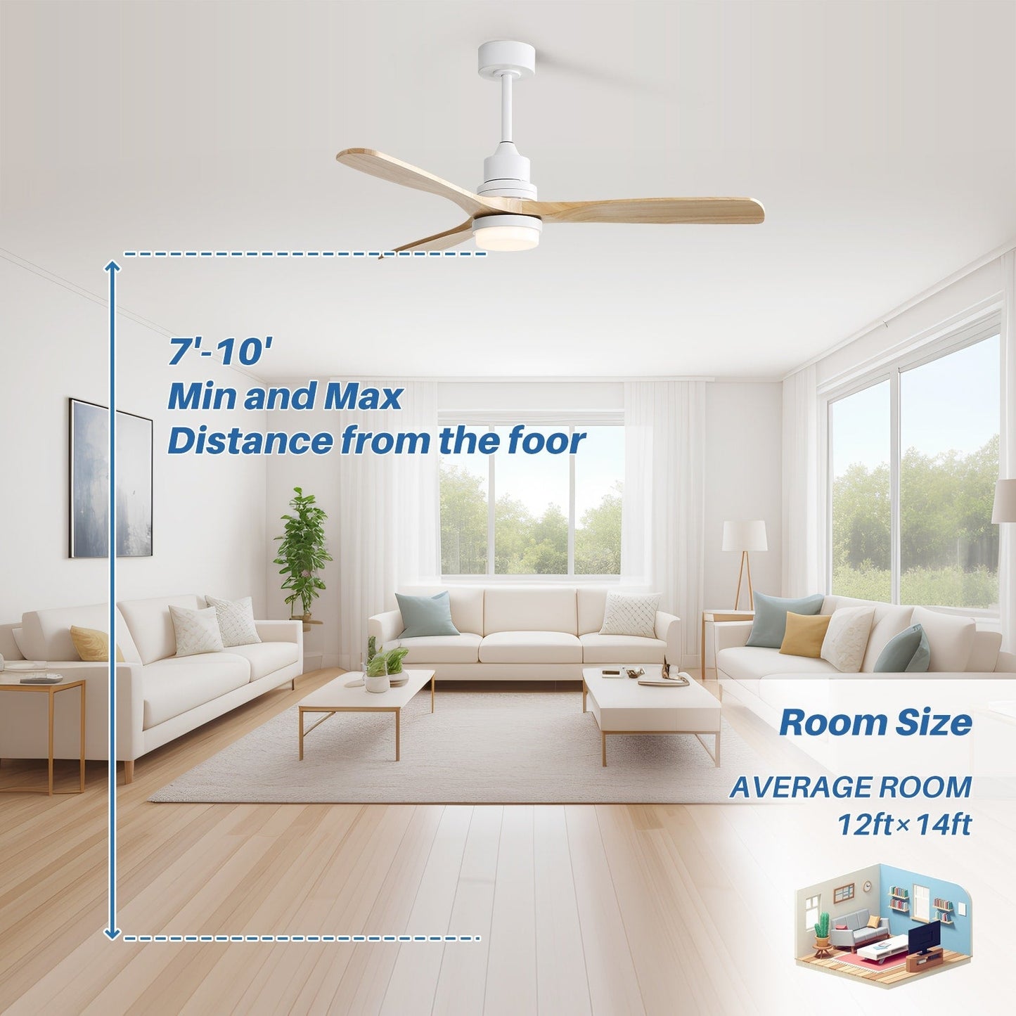 Sofucor Ventilatore da soffitto interno in legno da 52 pollici con luce e telecomando, luce integrata opzionale