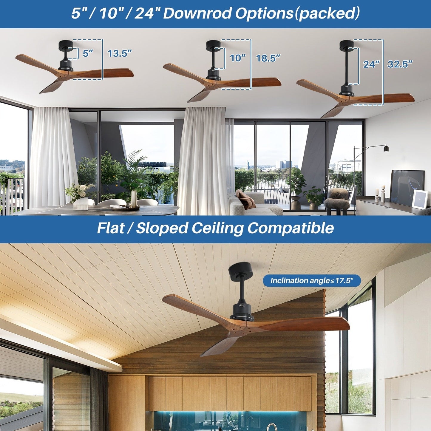Sofucor Ventilatore da soffitto interno in legno da 52 pollici con luce e telecomando, luce integrata opzionale