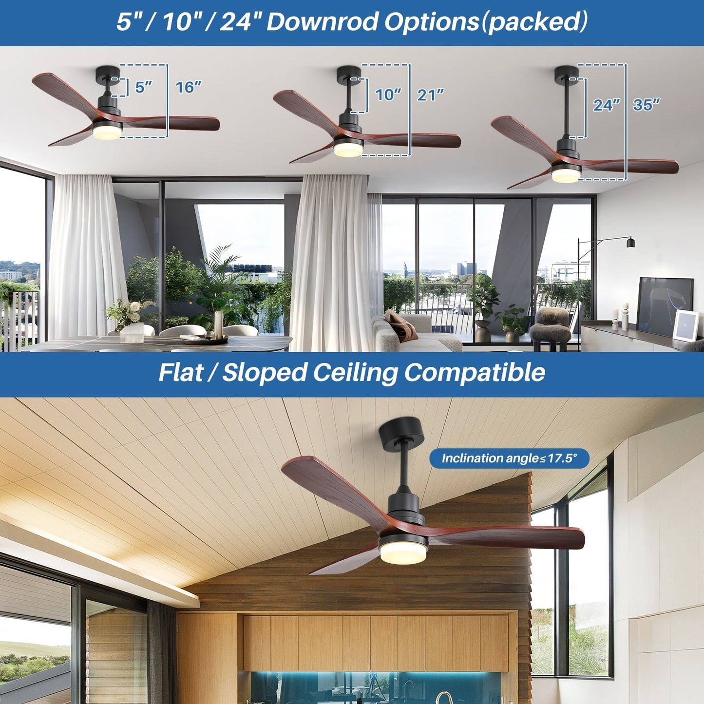 Sofucor Ventilatore da soffitto interno in legno da 52 pollici con luce e telecomando, luce integrata opzionale