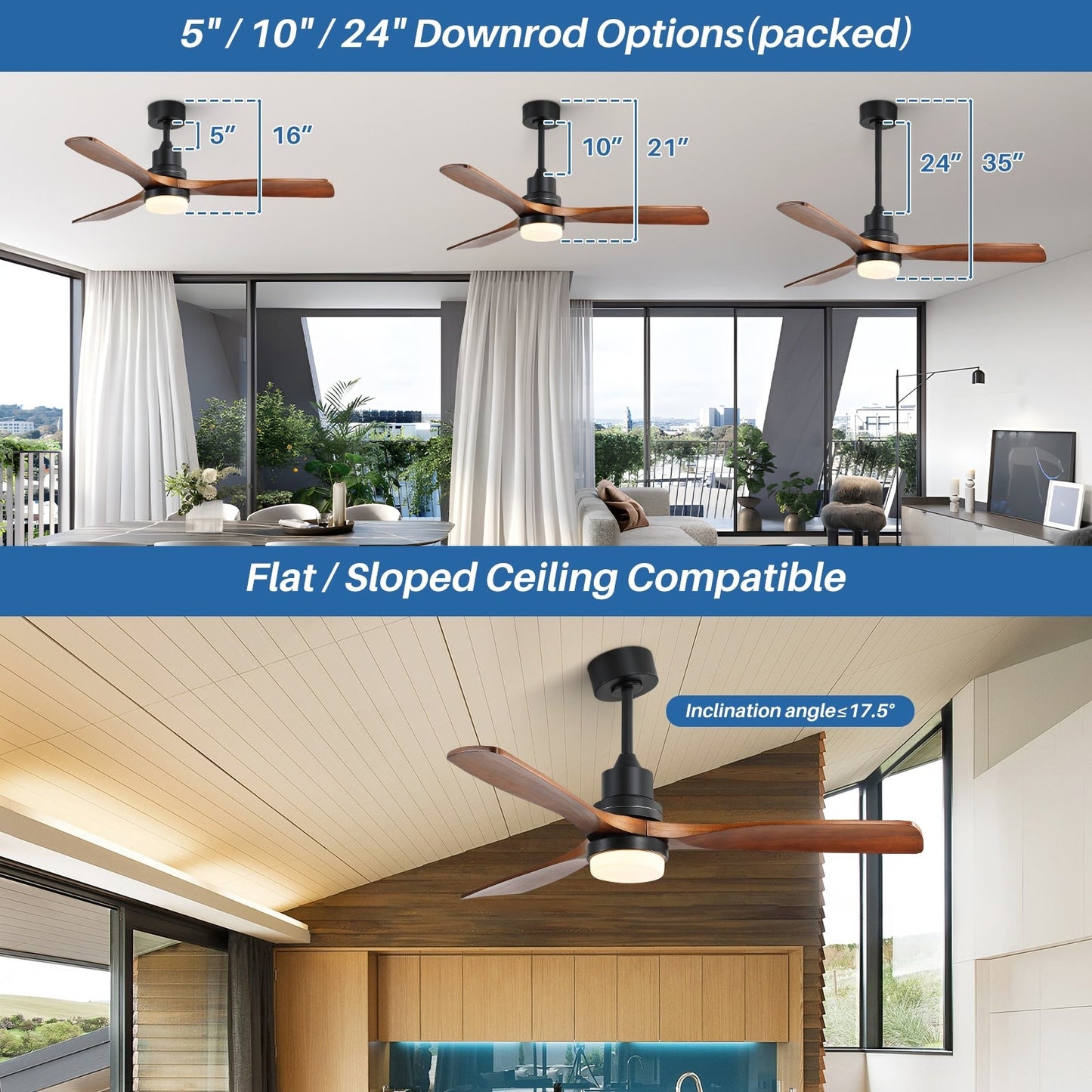 Sofucor Ventilatore da soffitto interno in legno da 52 pollici con luce e telecomando, luce integrata opzionale
