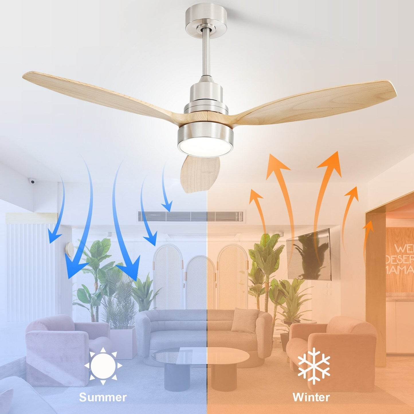 Sofucor Ventilatore da soffitto interno in legno da 52 pollici con luce e telecomando, luce integrata opzionale