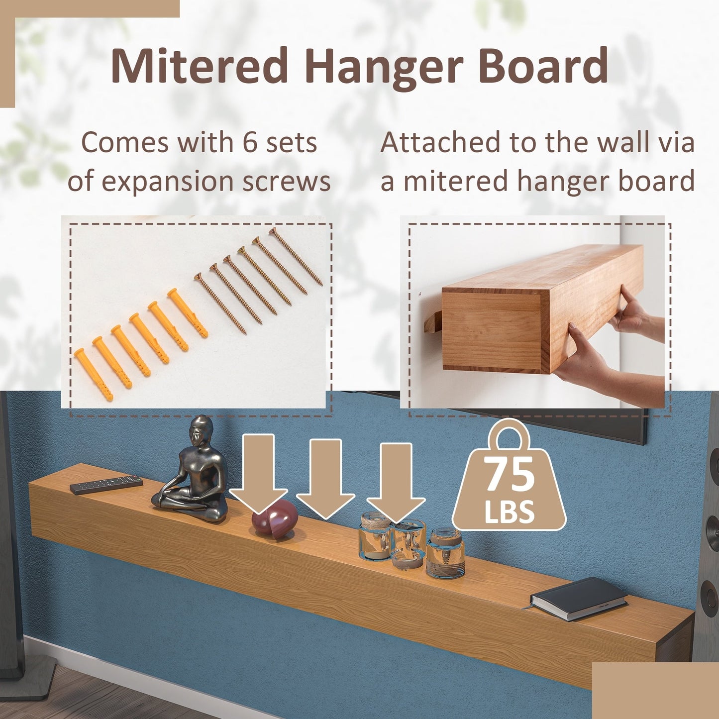 Mensola sospesa per camino da parete in pino massello