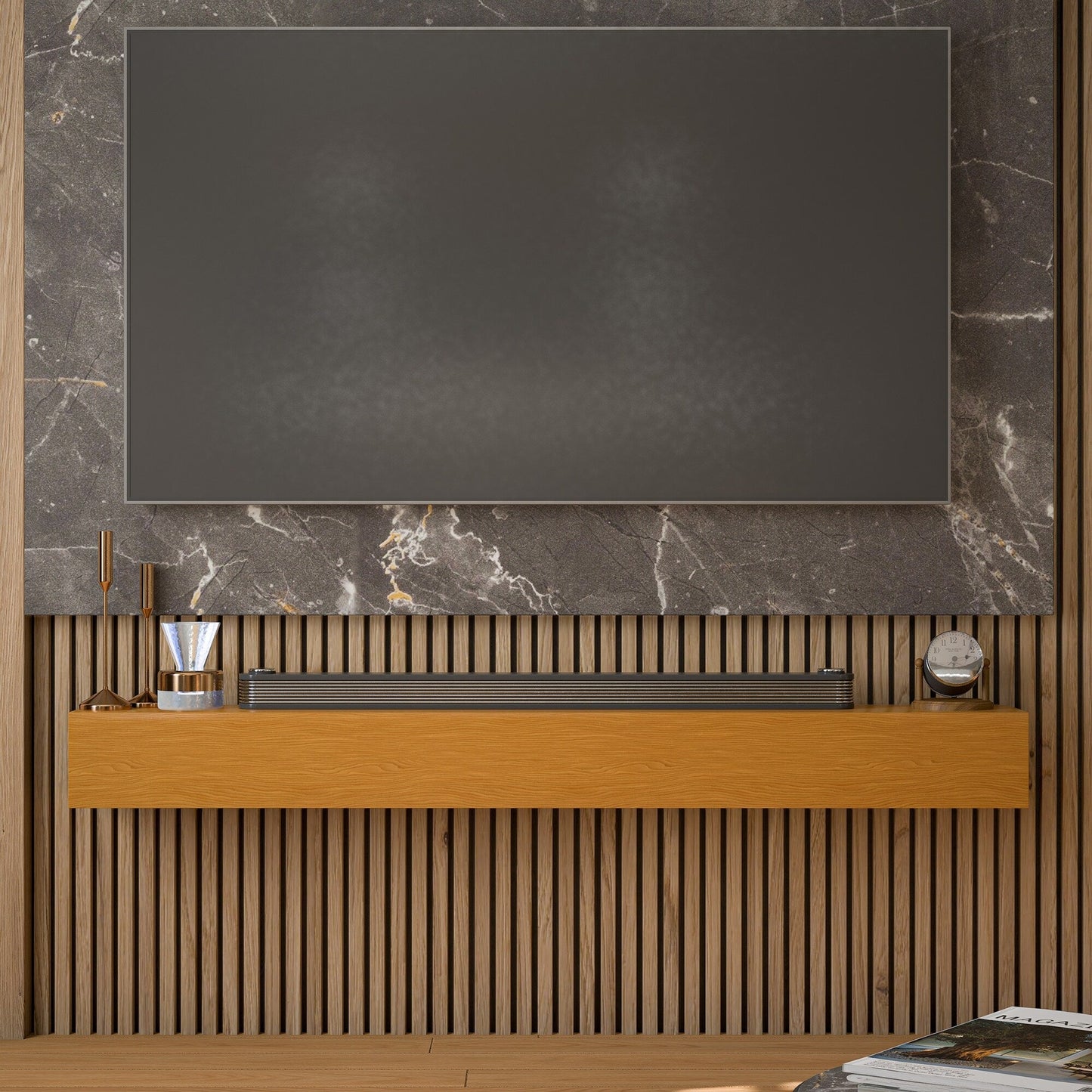 Mensola sospesa per camino da parete in pino massello