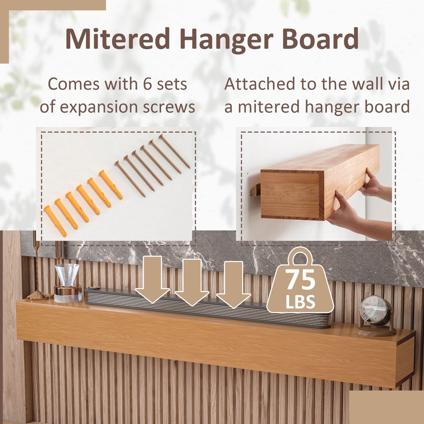 Mensola sospesa per camino da parete in pino massello