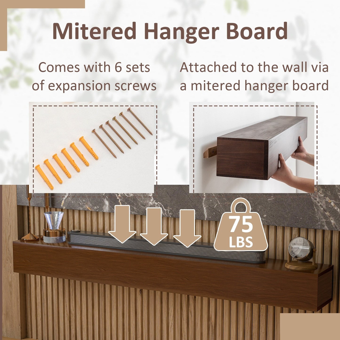 Mensola sospesa per camino da parete in pino massello