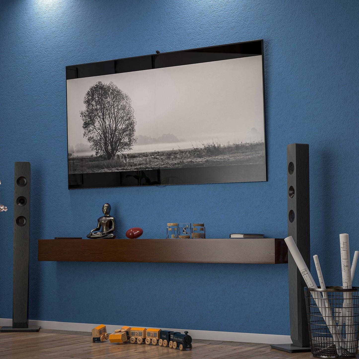 Mensola sospesa per camino da parete in pino massello