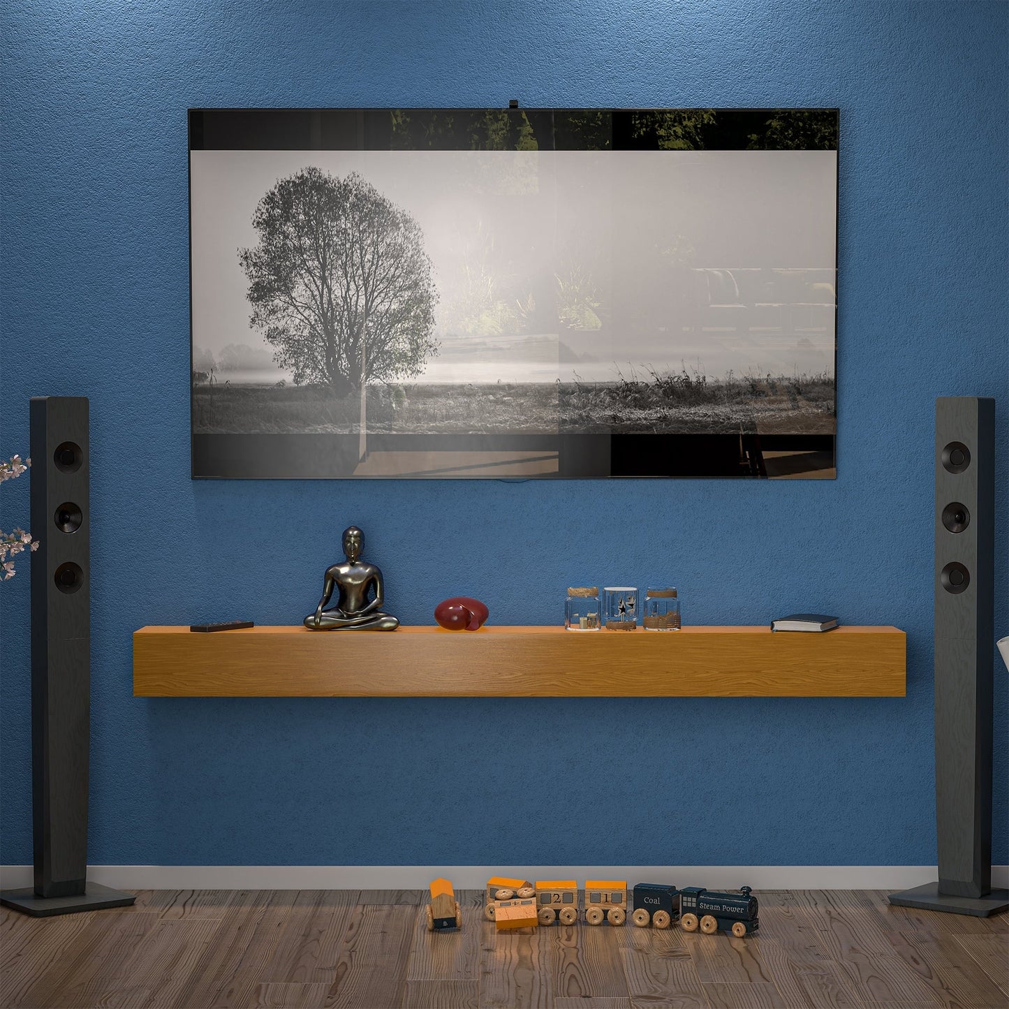 Mensola sospesa per camino da parete in pino massello