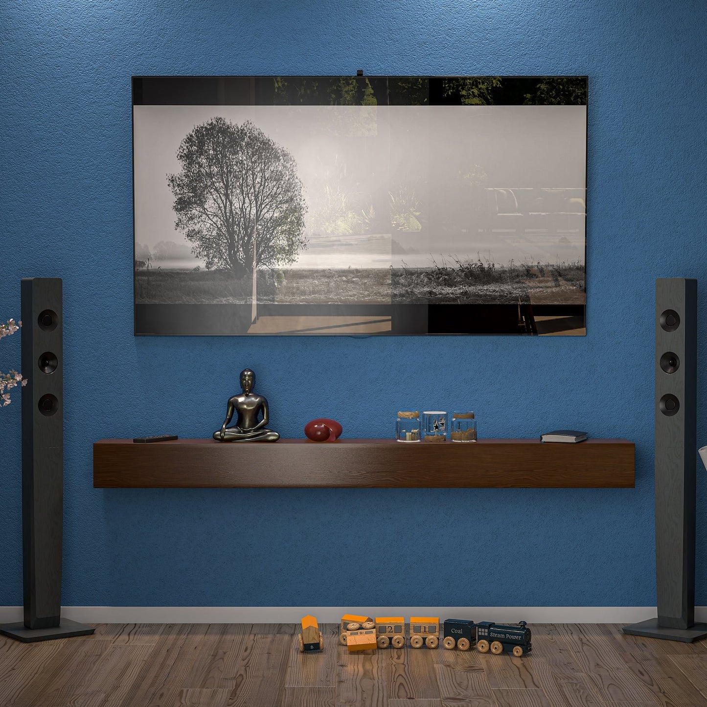 Mensola sospesa per camino da parete in pino massello