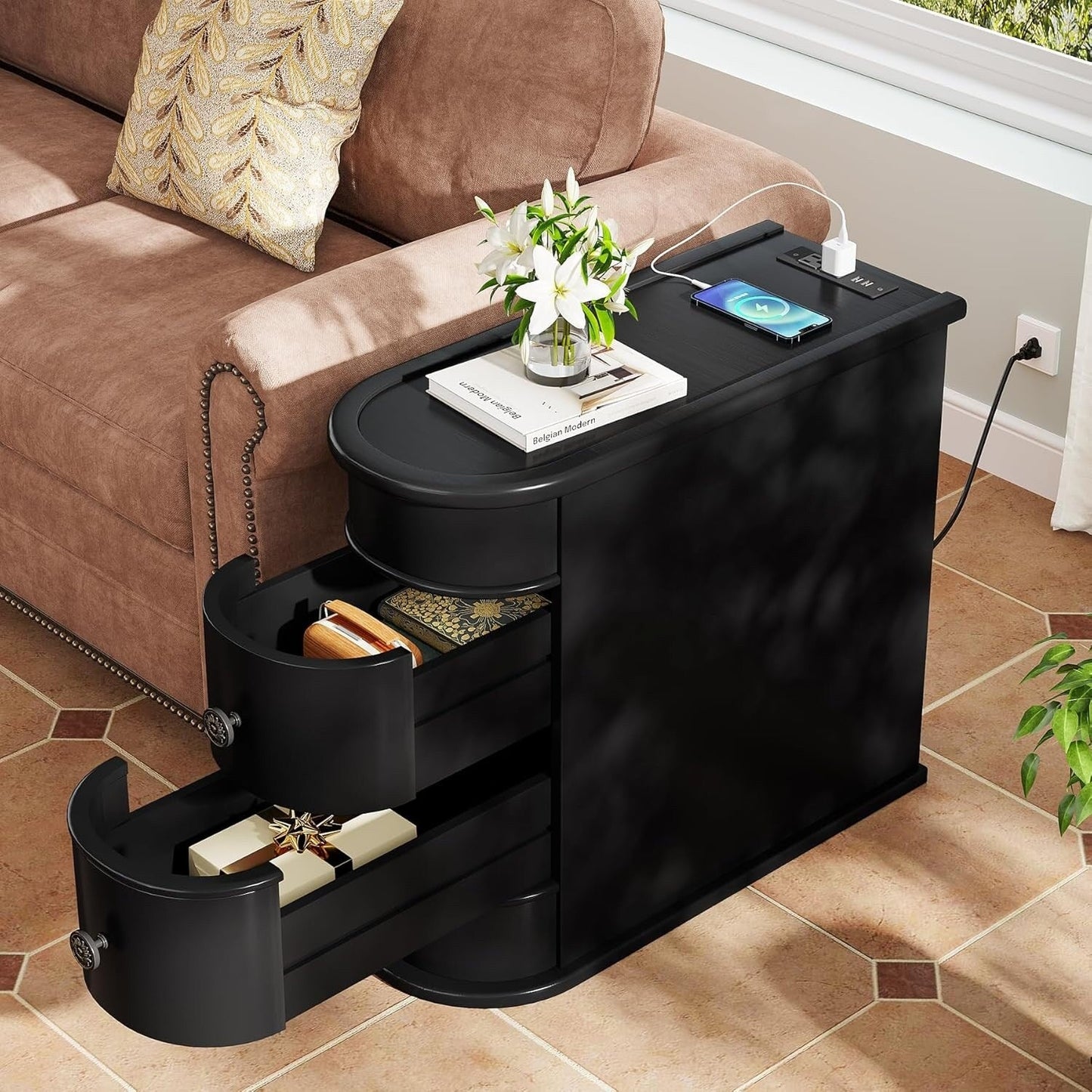 Tavolino da comodino in legno massello, tavolino laterale sottile con due cassetti.