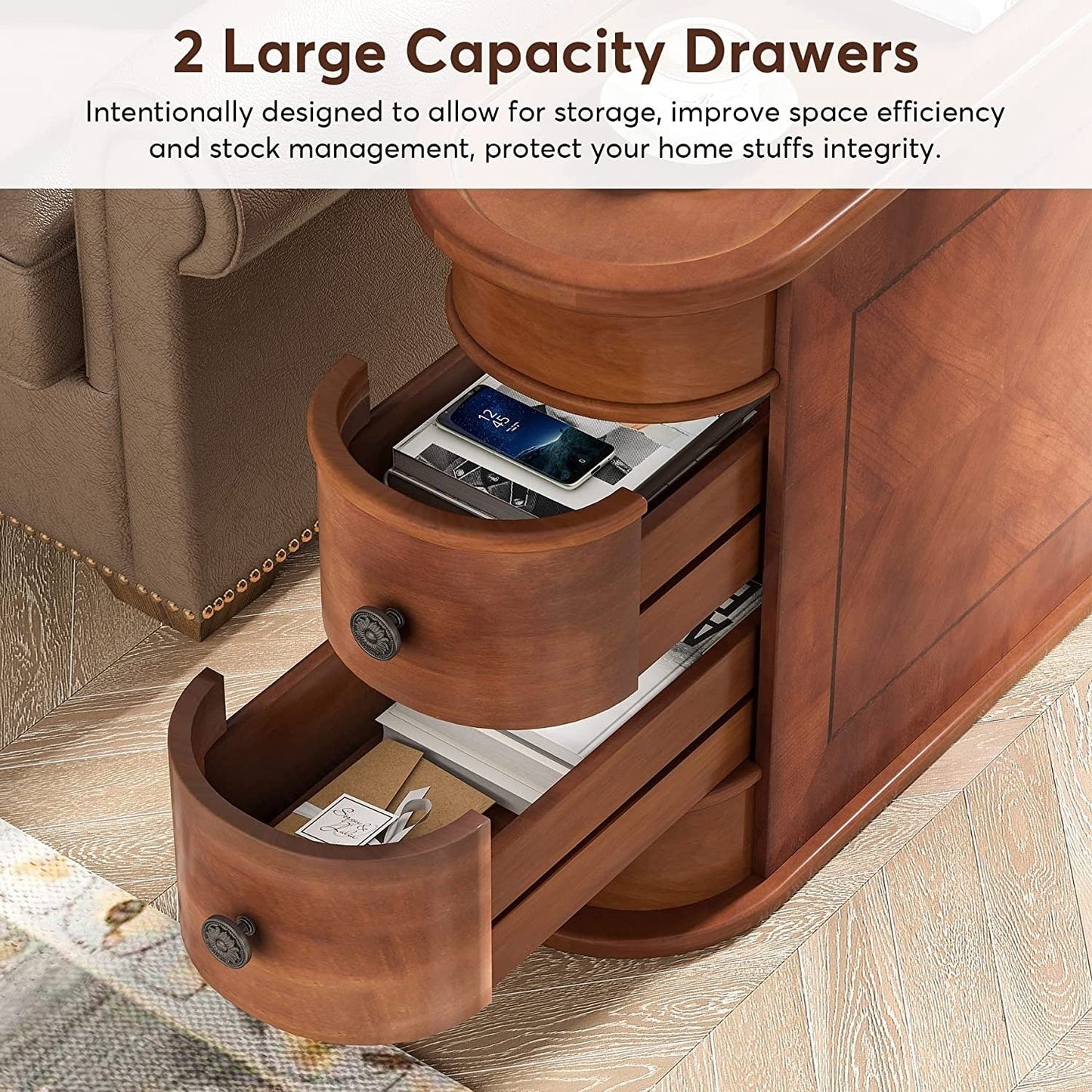 Tavolino da comodino in legno massello, tavolino laterale sottile con due cassetti.