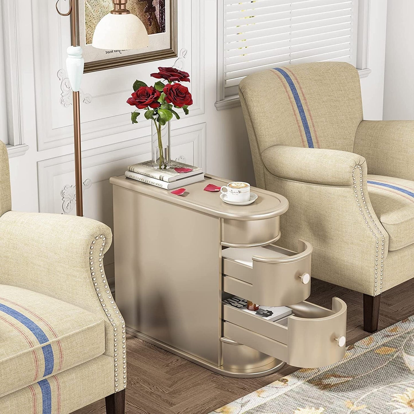 Tavolino da comodino in legno massello, tavolino laterale sottile con due cassetti.