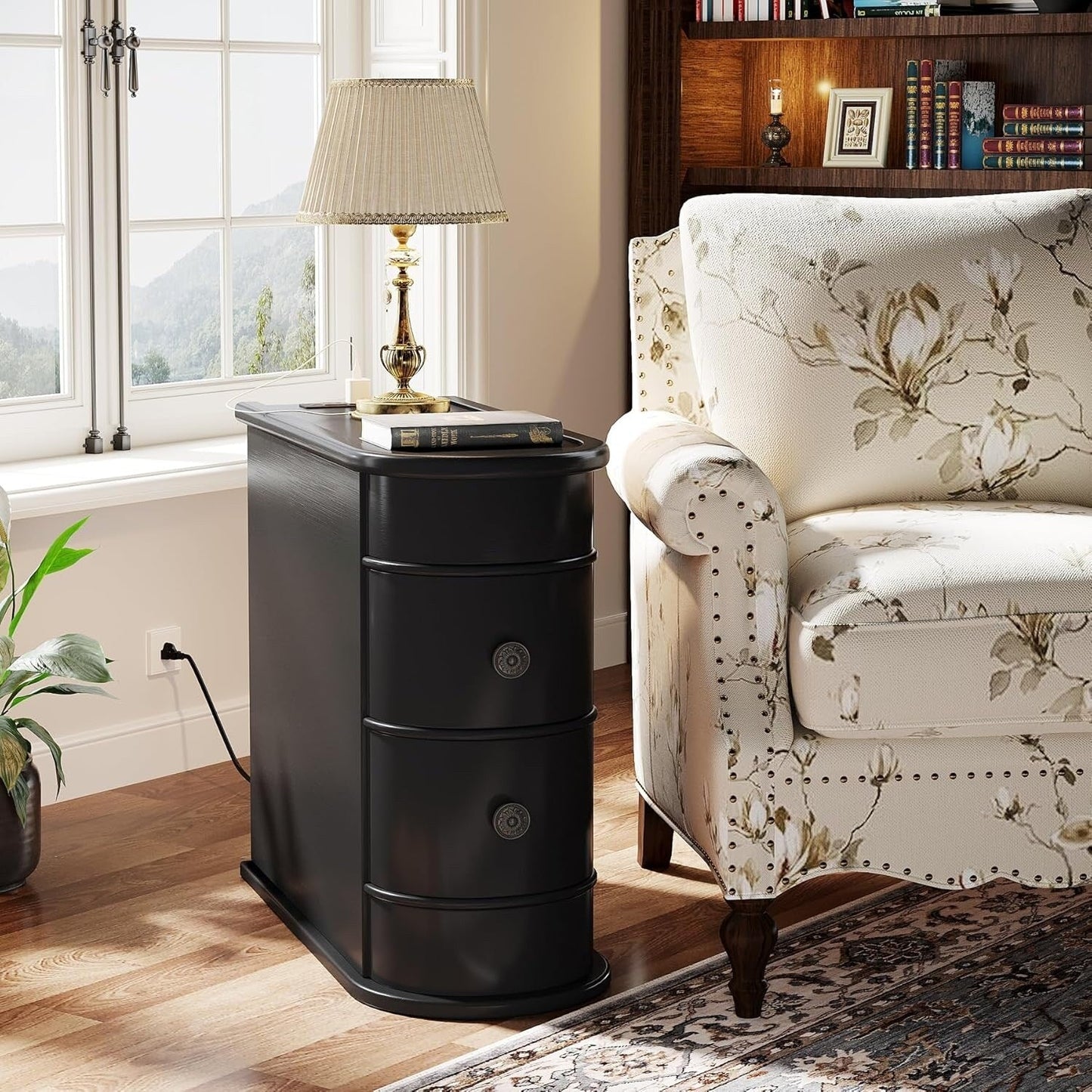 Tavolino da comodino in legno massello, tavolino laterale sottile con due cassetti.