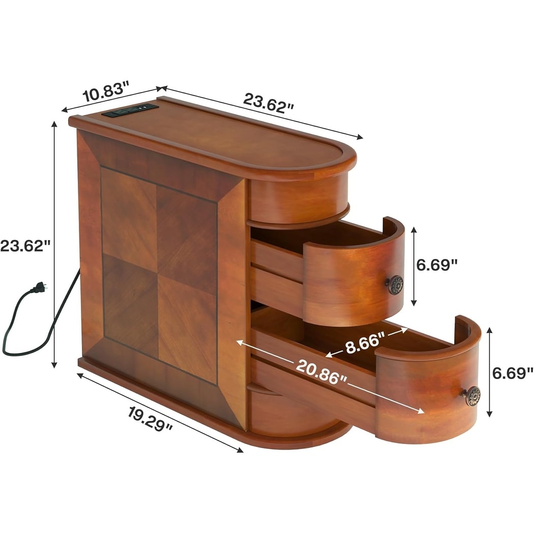 Tavolino da comodino in legno massello, tavolino laterale sottile con due cassetti.