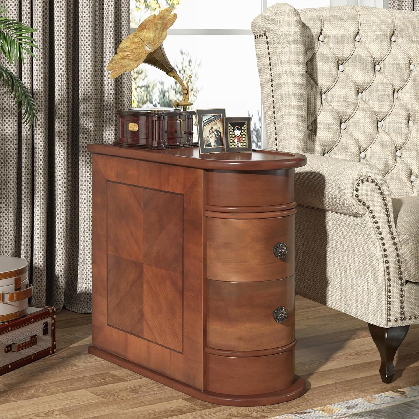 Tavolino da comodino in legno massello, tavolino laterale sottile con due cassetti.