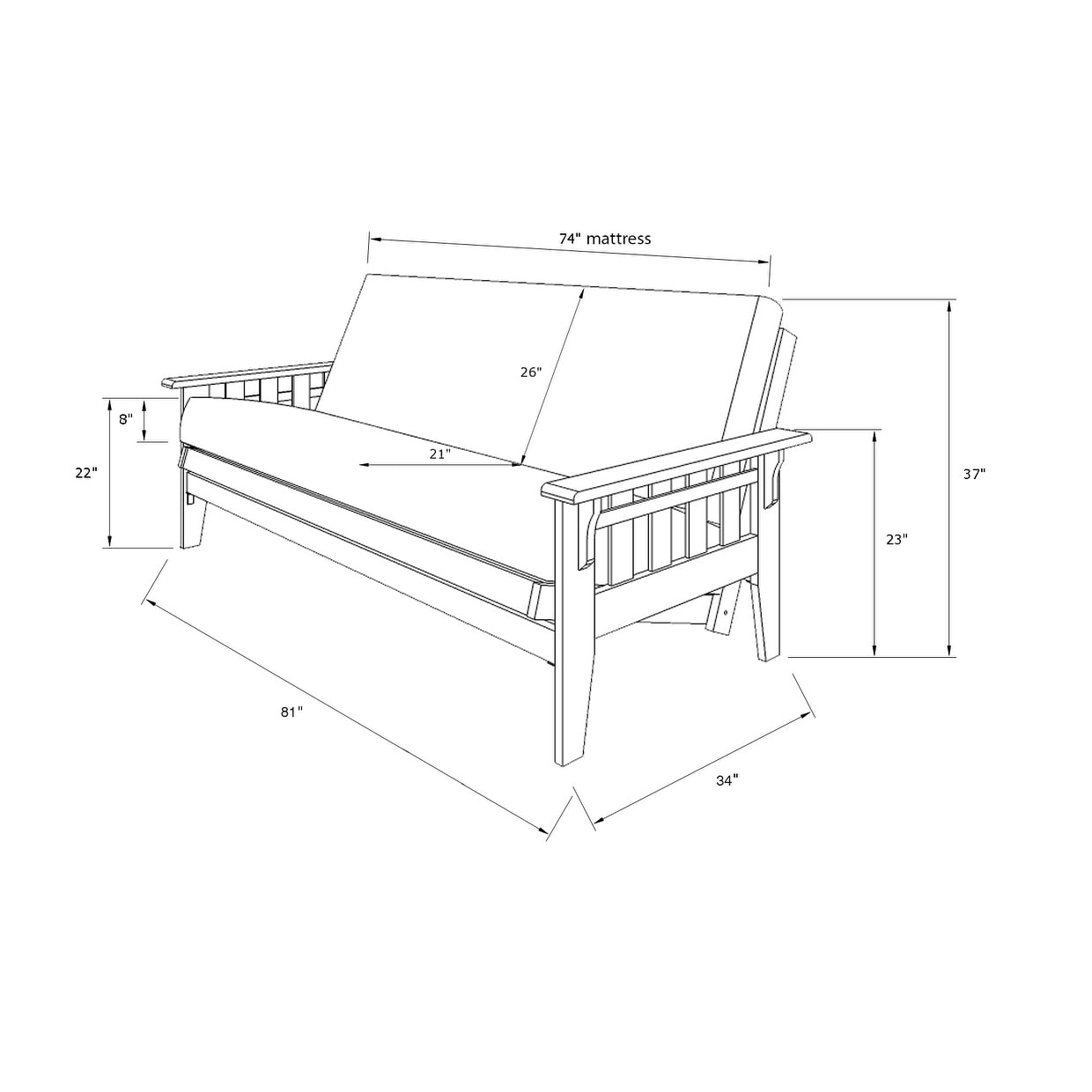 Set futon Somette Tucson a misura matrimoniale in noce rustica con materasso