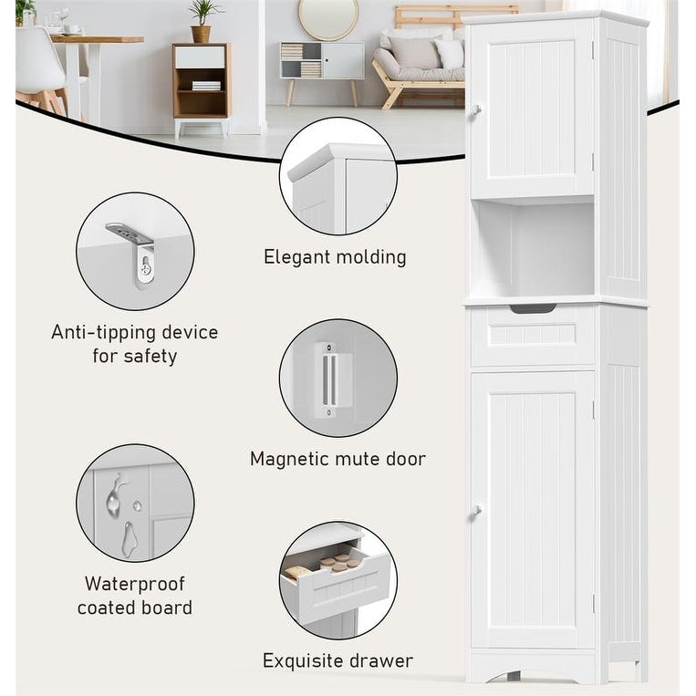 Armadio a muro per bagno, modello Linen, alto 67 pollici, stretto, con 5 ripiani, in legno massello, a posizionamento libero.